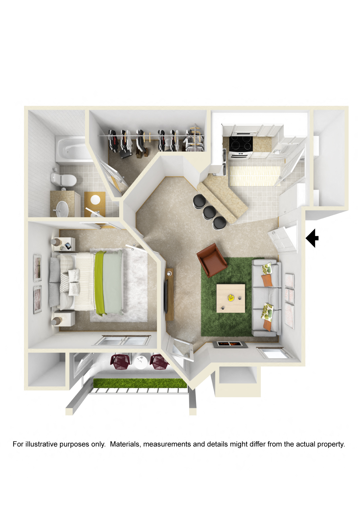 Floor plan for 1 bed, 1 bath, 725 sqft